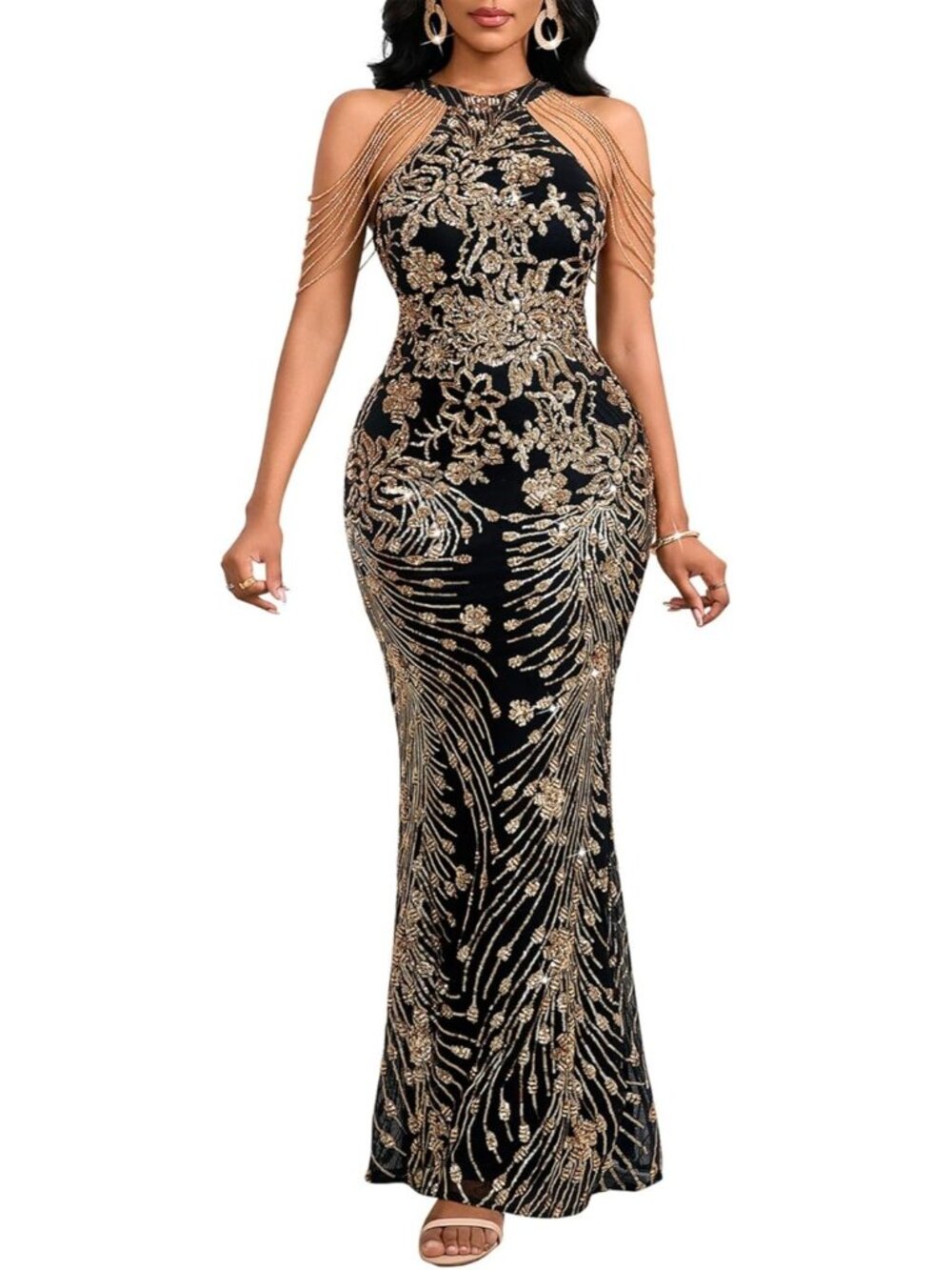 Women Black Pattern 1 Elegant Sequin Tassel Off Shoulder Halter Bodycon Dress